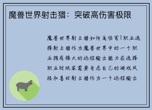 魔兽世界射击猎：突破高伤害极限